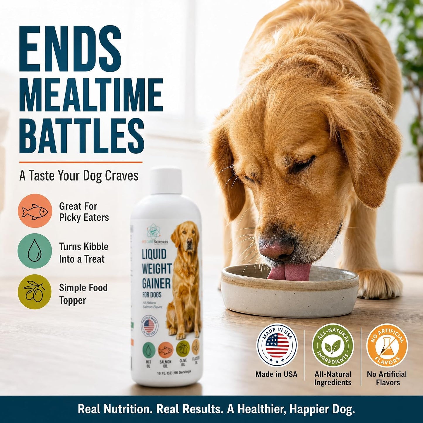 Dog Weight Gainer Liquid Food Topper – High Calorie Supplement for Dogs with Salmon Oil, MCT, Olive & Flaxseed Oil, Appetite Stimulant, All Natural, 96 Servings, Made in USA