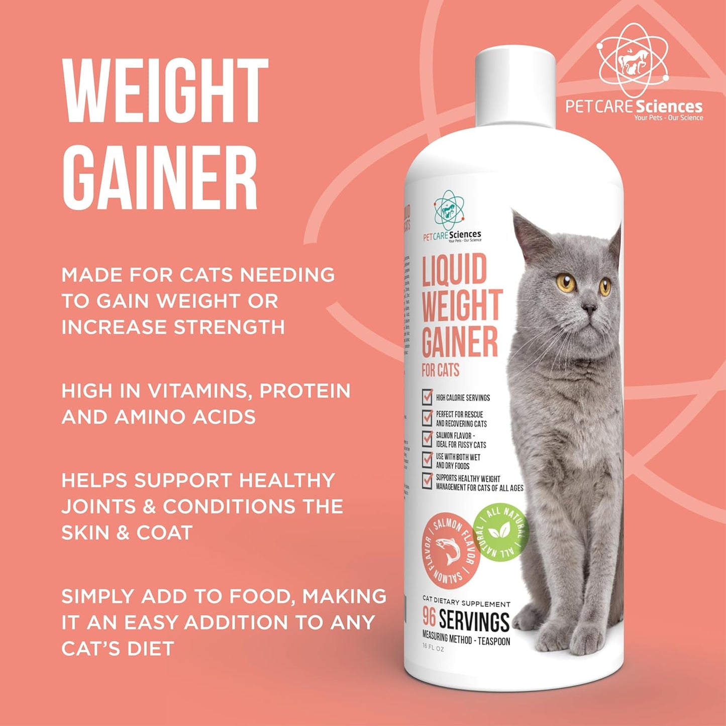 16 Fluid Ounce Liquid Cat Weight Gainer - High Calorie Supplement for Cats - High Calorie Cat Food Appetite Stimulant - Made in The USA