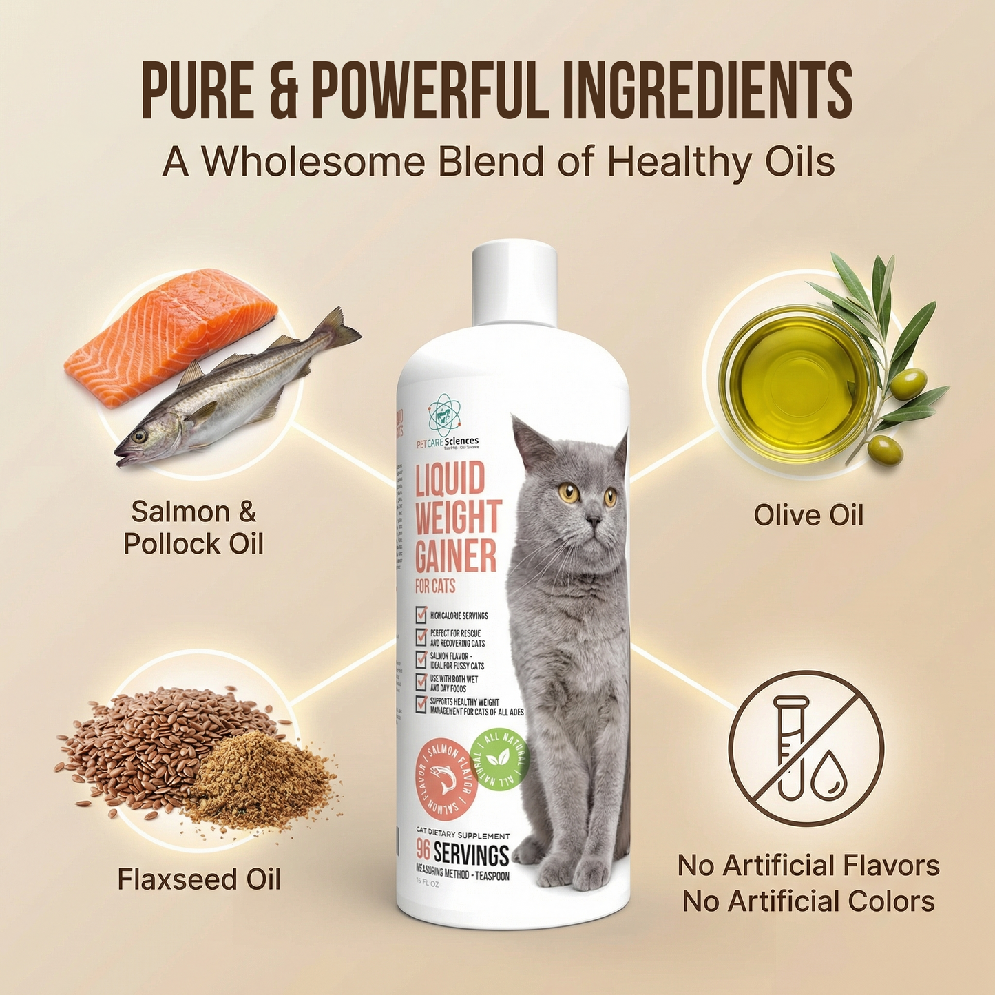 16 Fluid Ounce Liquid Cat Weight Gainer - High Calorie Supplement for Cats - High Calorie Cat Food Appetite Stimulant - Salmon Flavor - Made in The USA