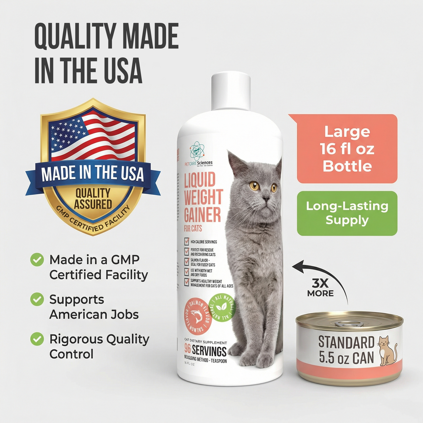 16 Fluid Ounce Liquid Cat Weight Gainer - High Calorie Supplement for Cats - High Calorie Cat Food Appetite Stimulant - Salmon Flavor - Made in The USA