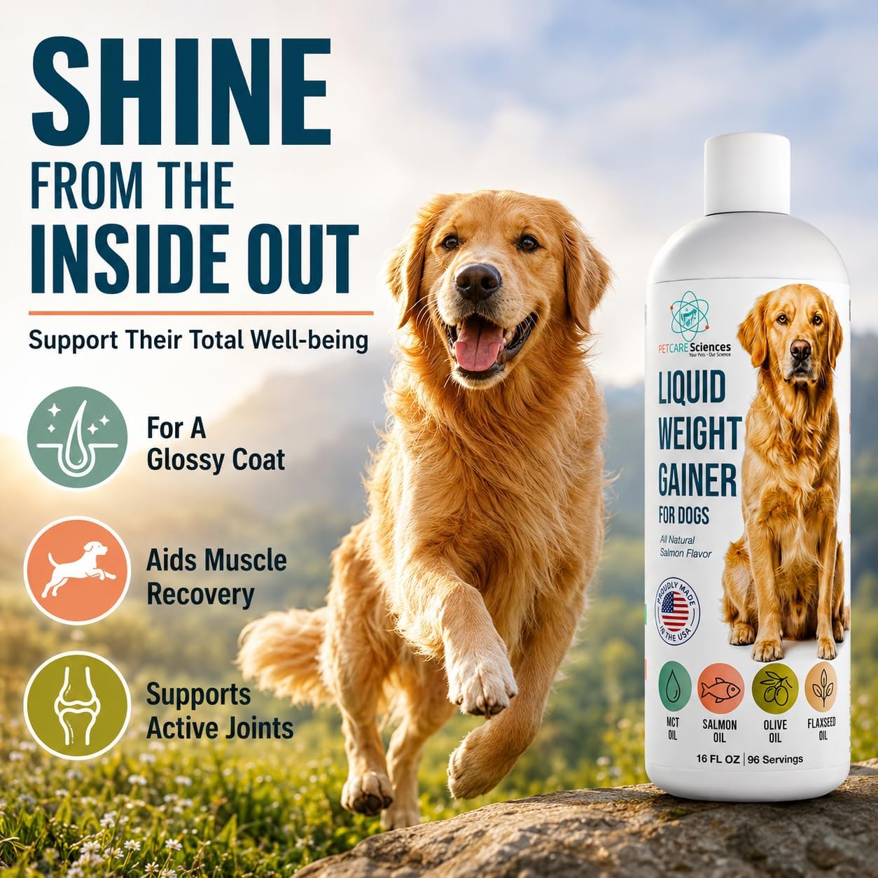 Dog Weight Gainer Liquid Food Topper – High Calorie Supplement for Dogs with Salmon Oil, MCT, Olive & Flaxseed Oil, Appetite Stimulant, All Natural, 96 Servings, Made in USA