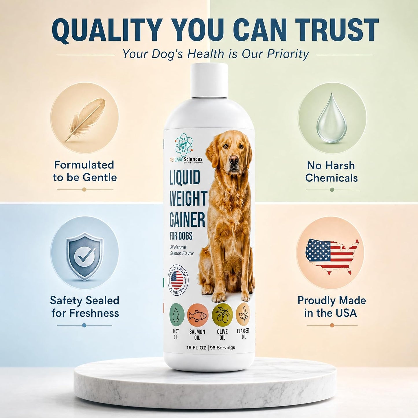 Dog Weight Gainer Liquid Food Topper – High Calorie Supplement for Dogs with Salmon Oil, MCT, Olive & Flaxseed Oil, Appetite Stimulant, All Natural, 96 Servings, Made in USA