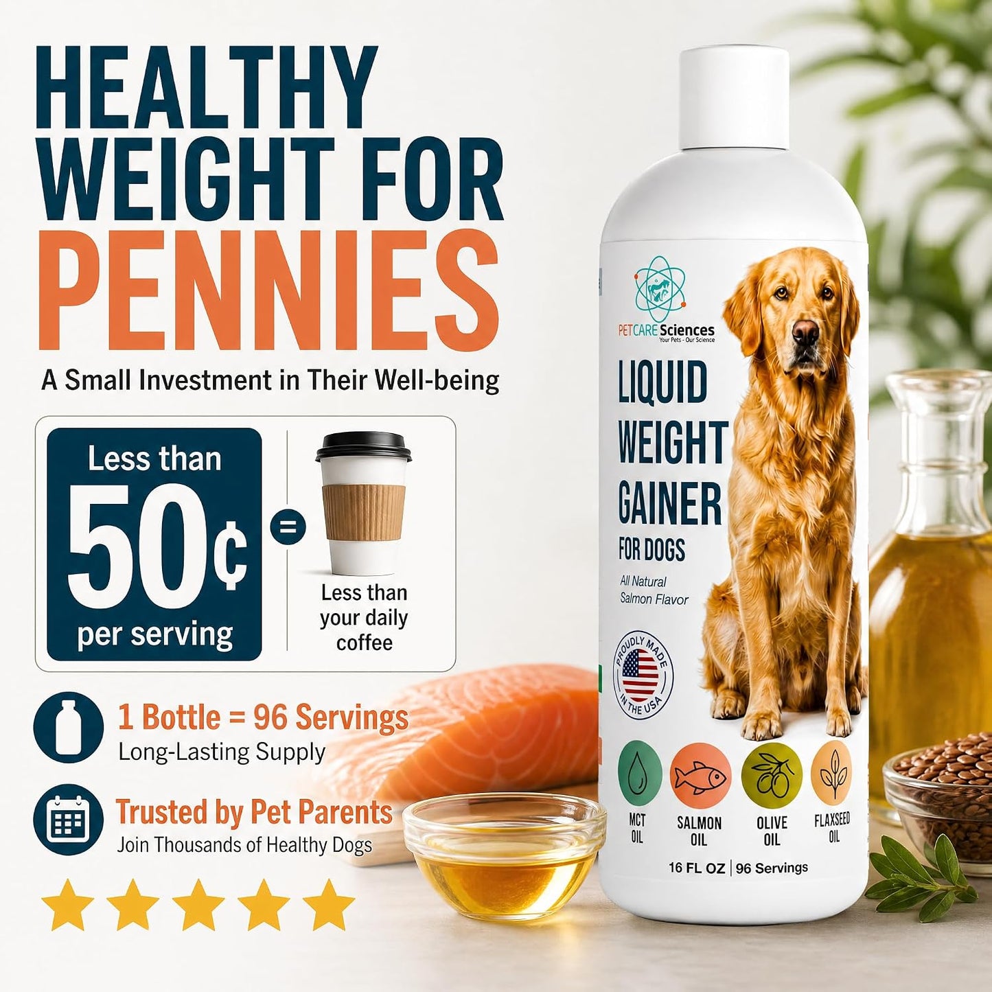Dog Weight Gainer Liquid Food Topper – High Calorie Supplement for Dogs with Salmon Oil, MCT, Olive & Flaxseed Oil, Appetite Stimulant, All Natural, 96 Servings, Made in USA