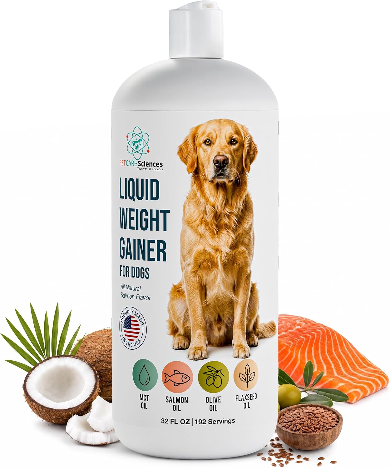 Dog Weight Gainer Liquid Food Topper – High Calorie Supplement for Dogs with Salmon Oil, MCT, Olive & Flaxseed Oil, Appetite Stimulant, All Natural, 96 Servings, Made in USA