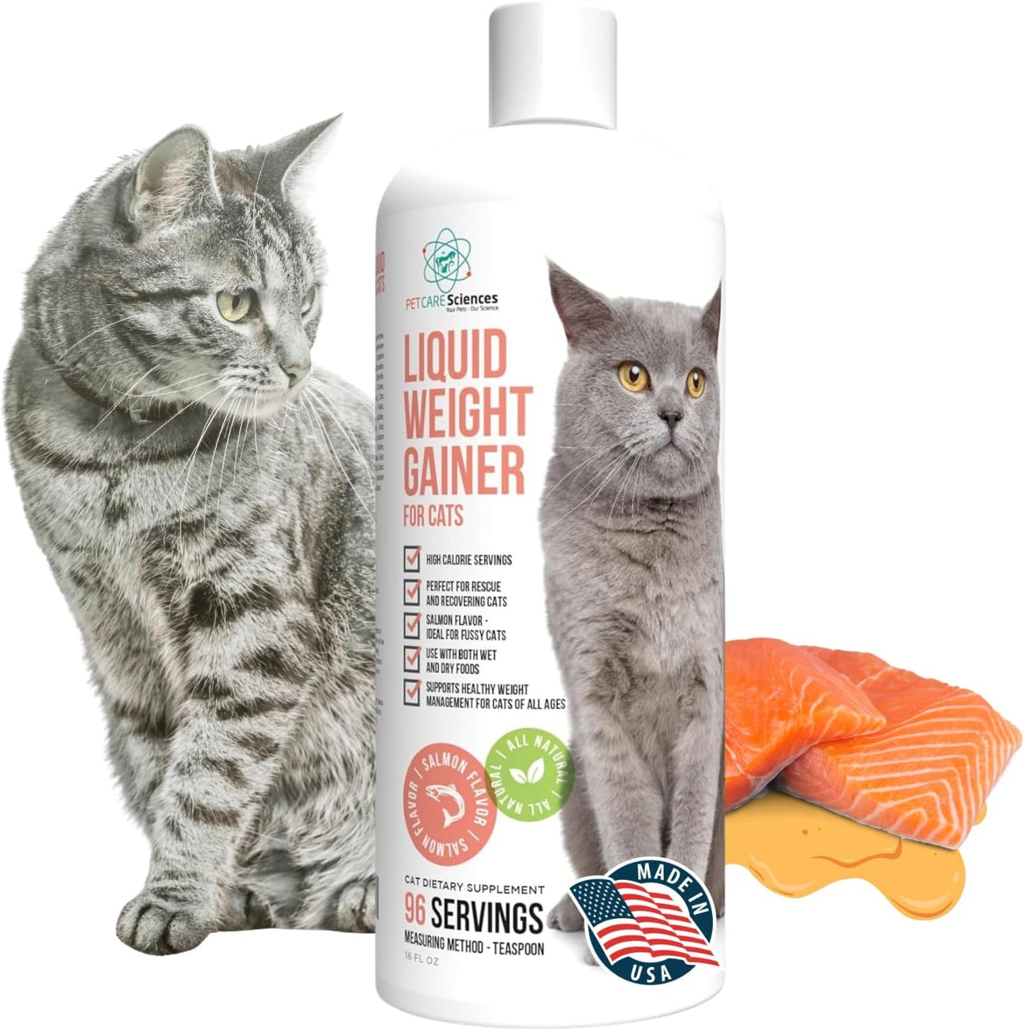 16 Fluid Ounce Liquid Cat Weight Gainer - High Calorie Supplement for Cats - High Calorie Cat Food Appetite Stimulant - Salmon Flavor - Made in The USA