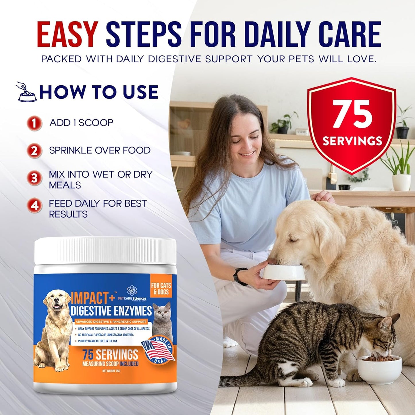 PET CARE Sciences Impact Digestive Enzymes for Dogs & Cats | 75 Servings | Enzyme Powder for Digestion | Pancreatic Enzymes for Dogs & Cats | Digestive, Weight & Pancreatic Issues | Made in The USA